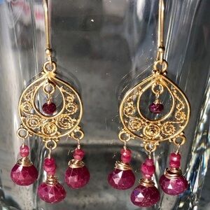 Genuine Natural Blood Red Ruby Chandelier Gold Filled Earrings